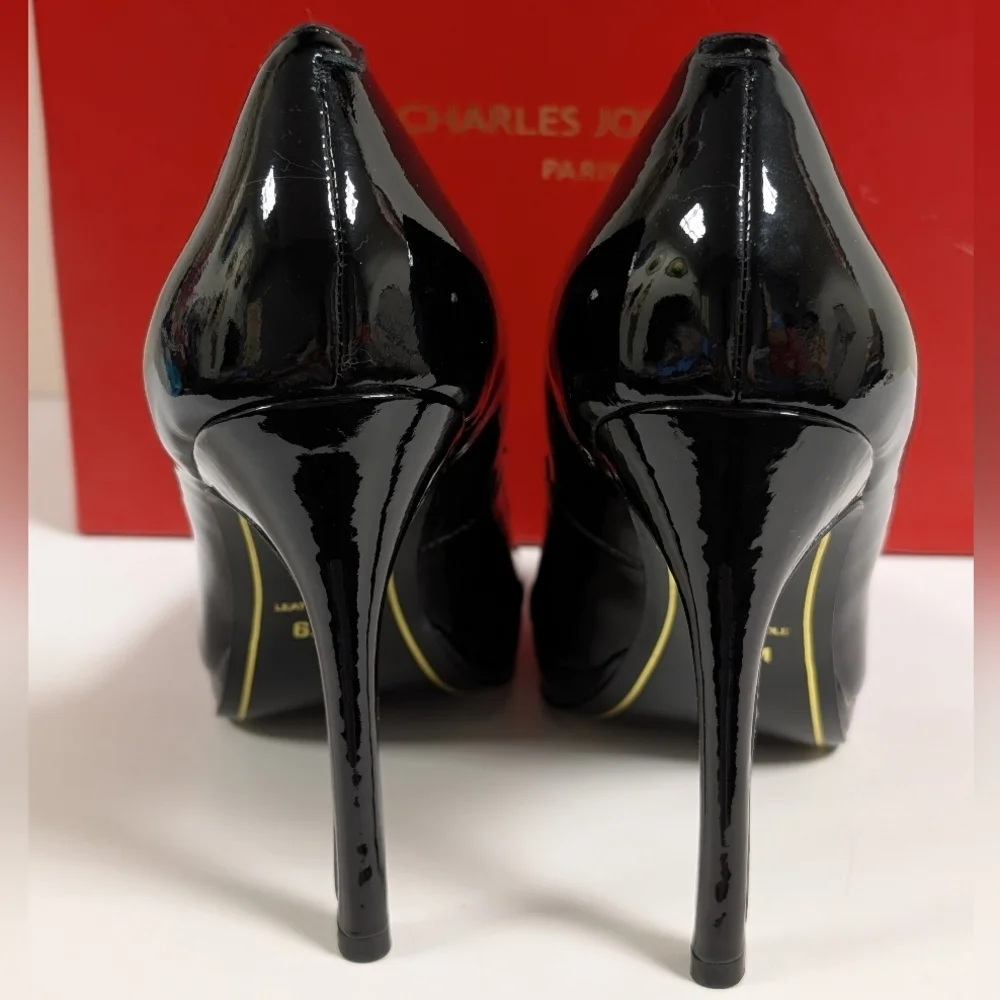 Charles Jourdan Paris Glossy Black Patent Leather Peep Toe Stilettos NIB 6.5